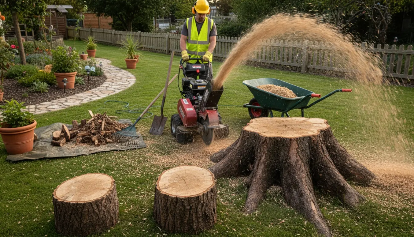 En fræsemaskine fjerner tre træstubbe i en villahave, med frisk træflis spredt omkring.