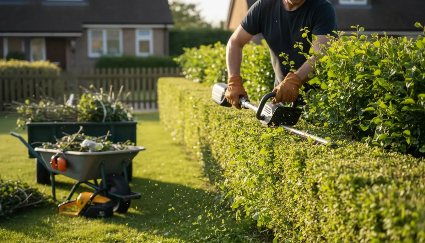 Bøgehæk klippes udefra med hækkeklipper, mens afklippede grene er stablet i trailer til bortskaffelse.