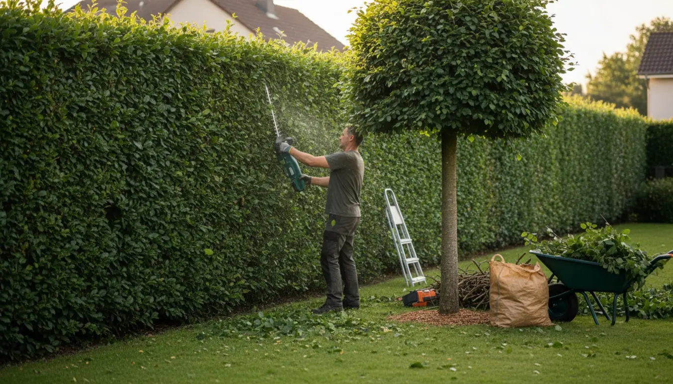 Beskæring af bøgehæk og opsamling af grene i trillebør i en sommerhave.