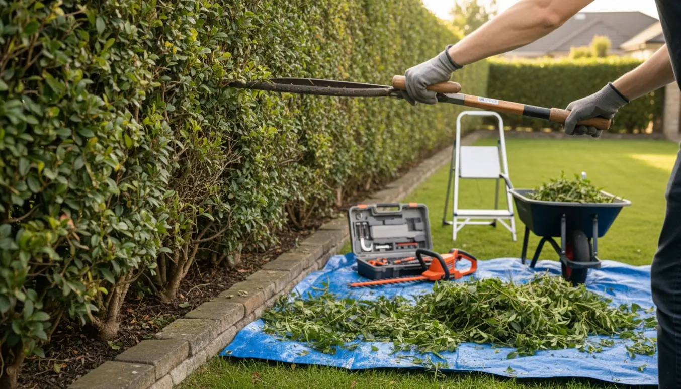 Nærbillede af hækkeklipning med håndsakse og elektrisk trimmer ved en privat hæk.