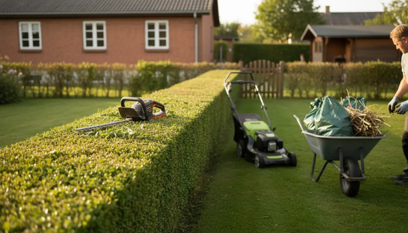 Soloplyst villahave i Jyllinge med nyslået græs, nyklippet hæk, trillebør og redskaber klar til bortskaffelse af grønt affald.