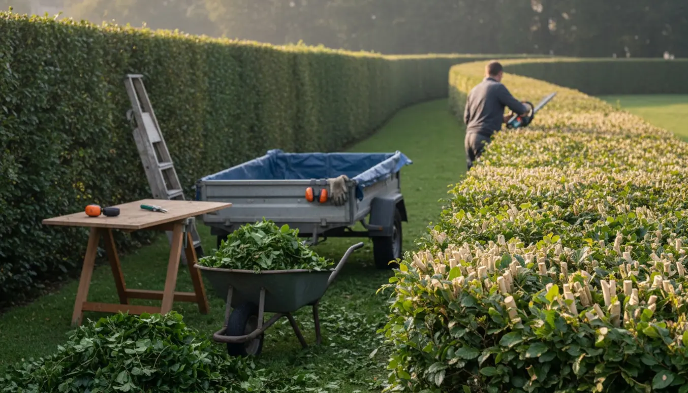 Professionel beskæring af en lang bøgehæk med hækkeklipper og opsamling af afklip i en trillebør.