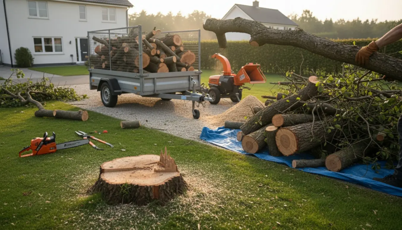 Trailer og bunke af fældede trægrene i en have med arbejdshandsker og sav ved siden af.