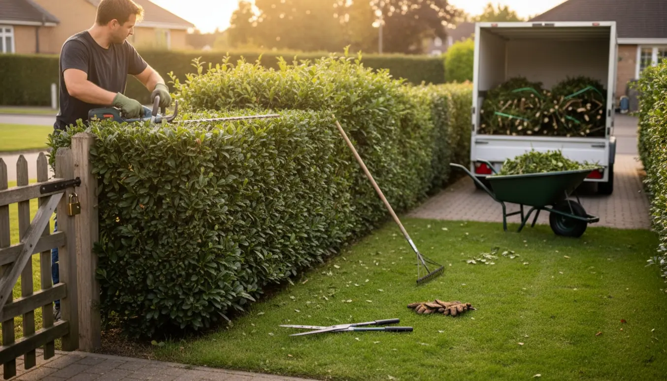 En havearbejder klipper en lang hæk og læsser grønt affald i en trillebør ved en låge med hængelås.