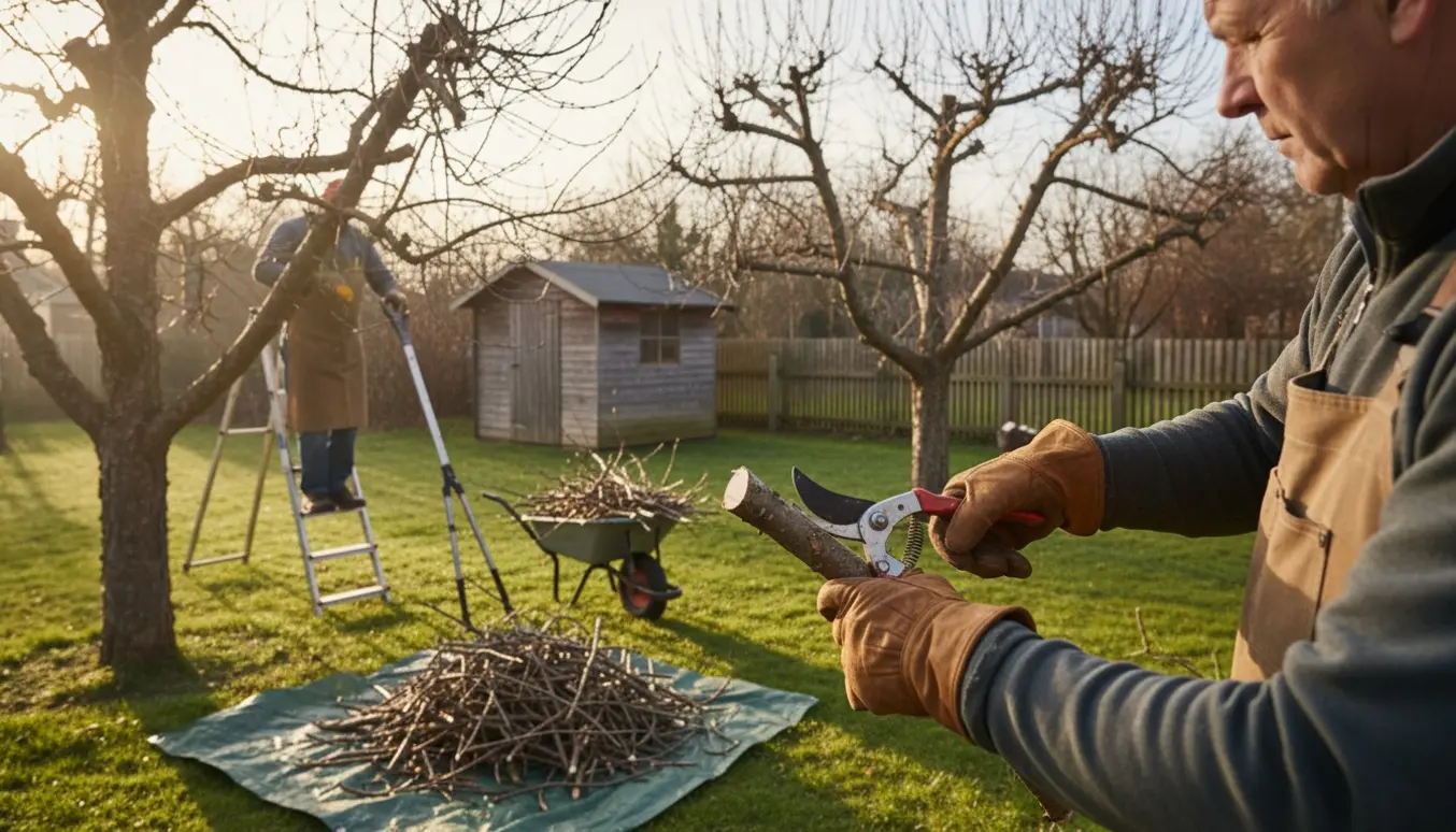 En gartner beskærer to æbletræer i en lille have med beskårne grene samlet i en trillebør.