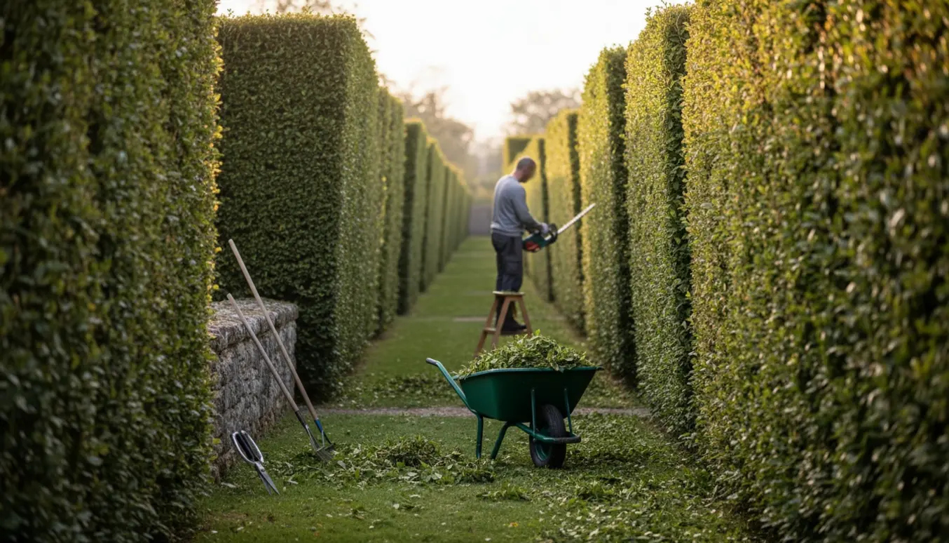 Nyklippede hække langs en sti med en havearbejder set bagfra og afklip samlet i en trillebør.