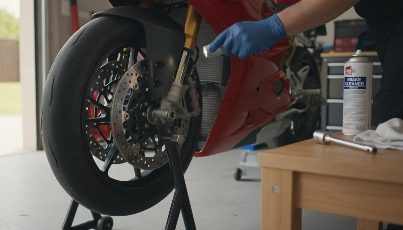 Tekniker inspicerer forhjul og bremse på en rød Ducati-lignende motorcykel i en garage.