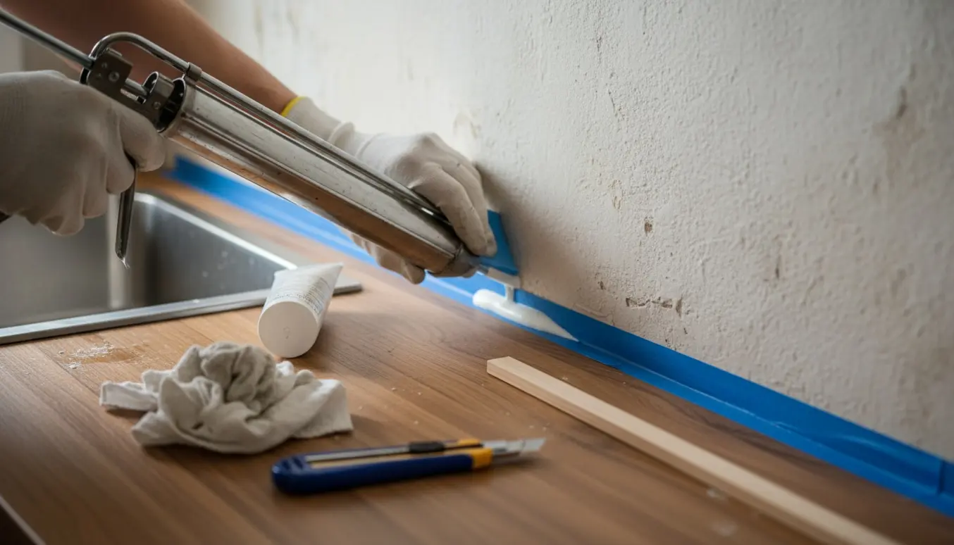 Hænder fuger en ny køkkenbordplade mod en skæv gammel væg med fugepistol og glattet fuge.