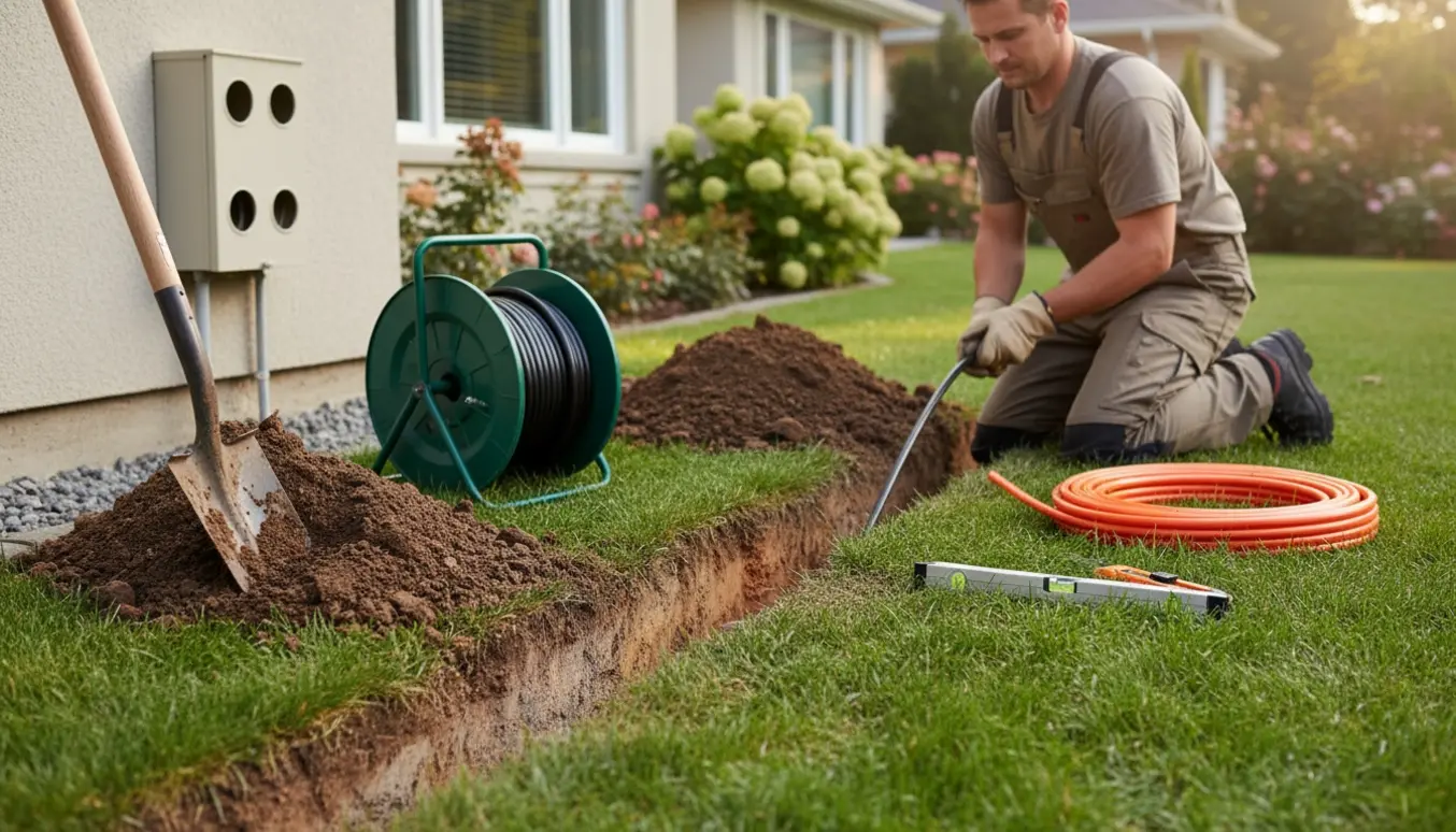 Nærbillede af en gravet grøft langs huset med kabelrulle og værktøj klar til at trække TV-kabel.