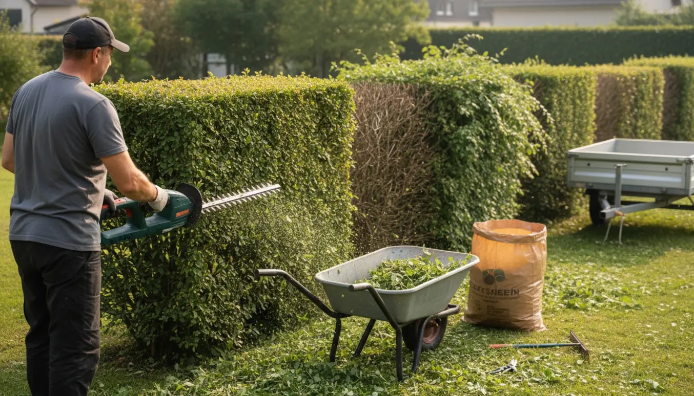 En havemand trimmer en spireahæk i mandshøjde, mens afklip samles i en trillebør og haveaffaldssæk.
