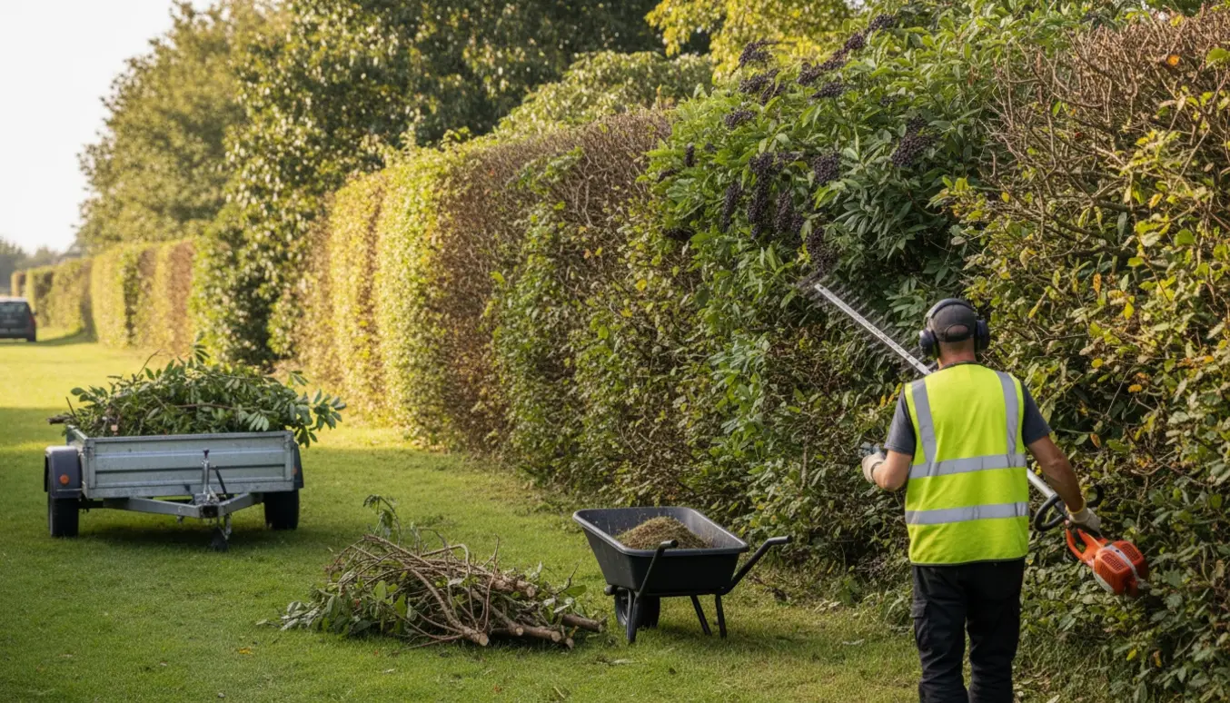 Klipning af en 3 m høj tjørnehæk med afklippede grene læsset i trailer ved en græssti.
