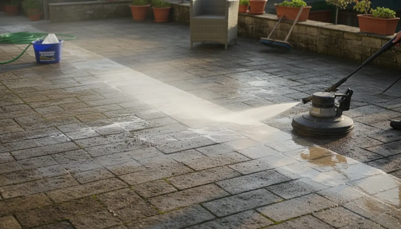 Stor terrasse af fliser under rensning med højtryksrens og synlig forskel mellem rene og snavsede områder.