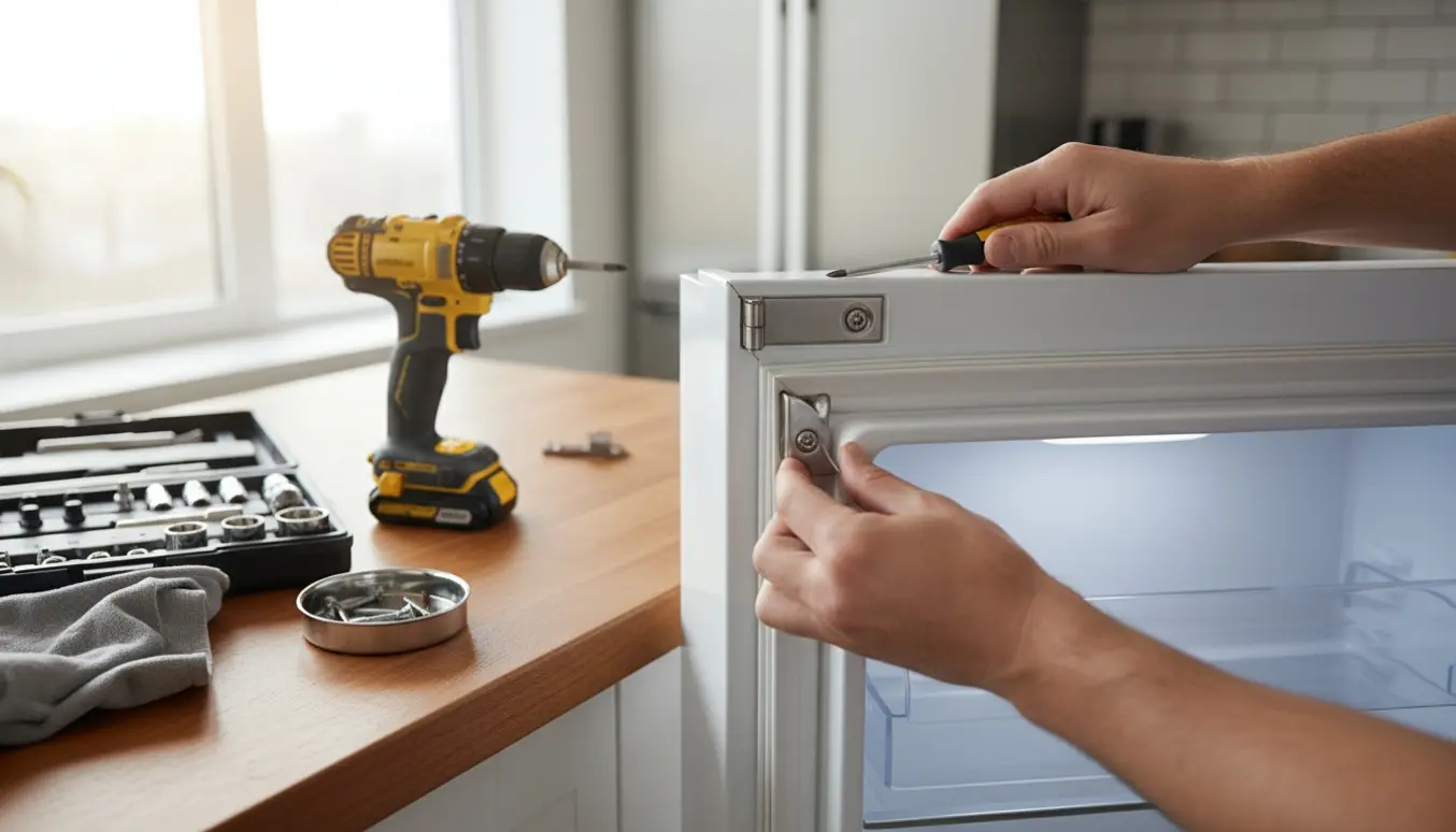 Nærbillede af hænder, der udskifter et køleskabshængsel i et lyst køkken med værktøj og skruer ved siden af.