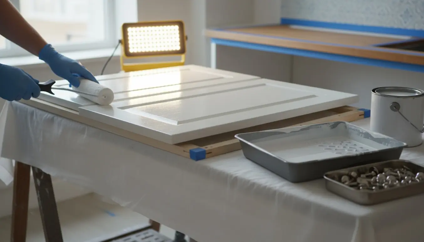 Køkkenlåger og skuffefronter malet på arbejdsborde med værktøj og aftagede beslag.