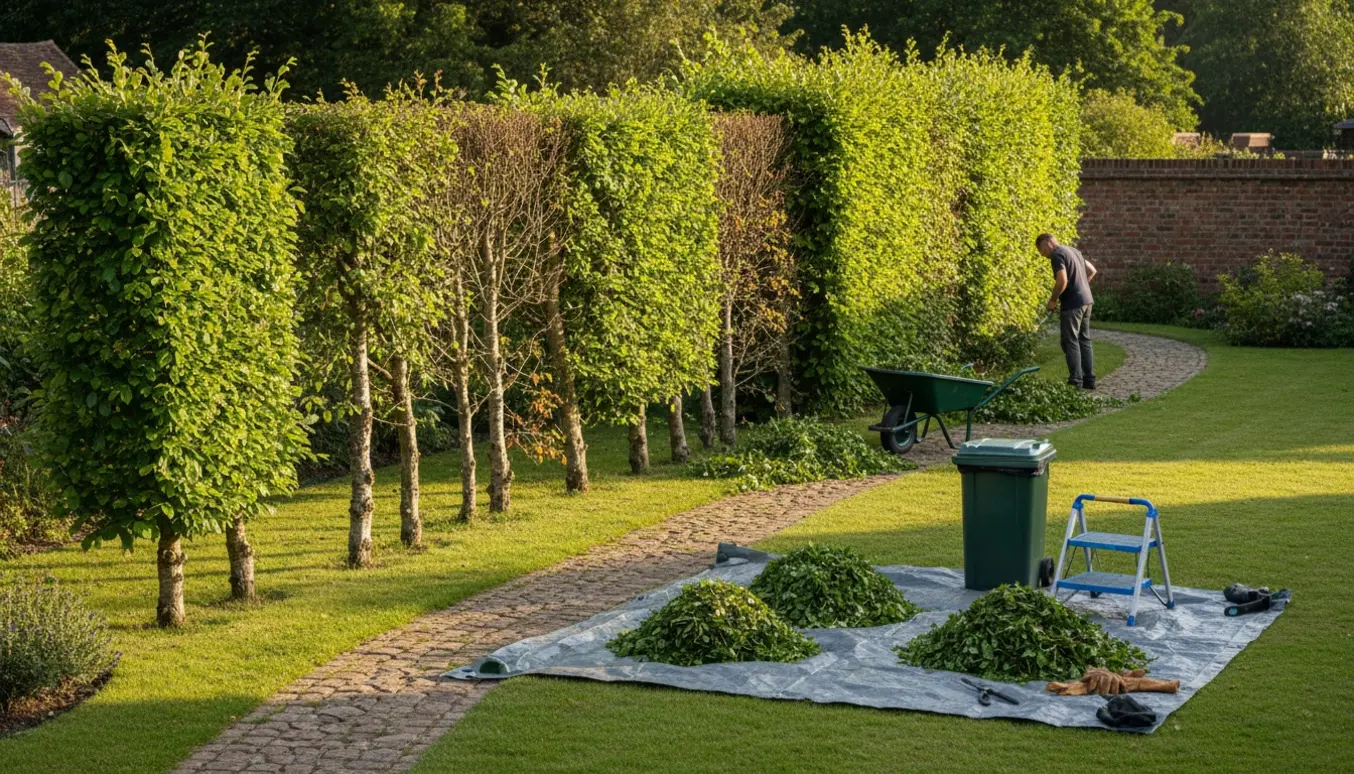 Havearbejde med klipning af bøgehæk og opsamling af afklip i trillebør, uden klart synlige ansigter.