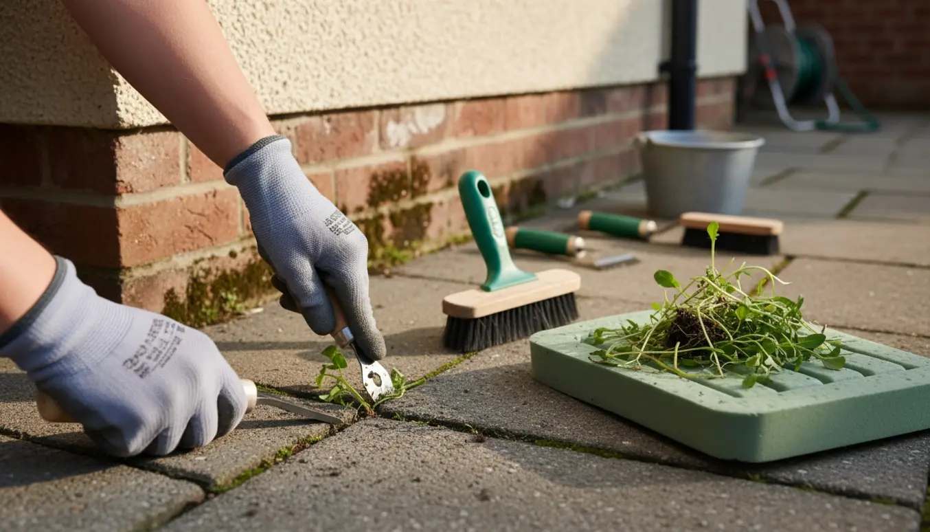 Nærbillede af hænder, der fjerner ukrudt mellem fliser og langs husmuren med haveværktøj.
