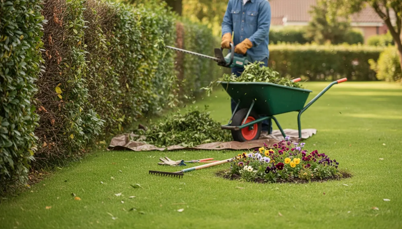 En havearbejder klipper en blandet tjørn- og ligusterhæk ved en lille plæne med et rundt blomsterbed i midten.