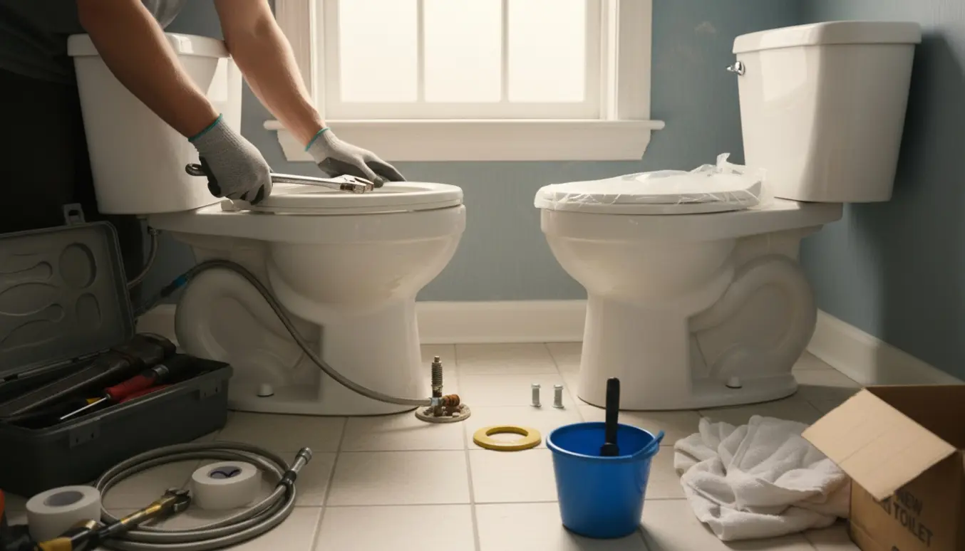 Udskiftning af hjørnetoilet med værktøj og nyt toilet i et lyst badeværelse.