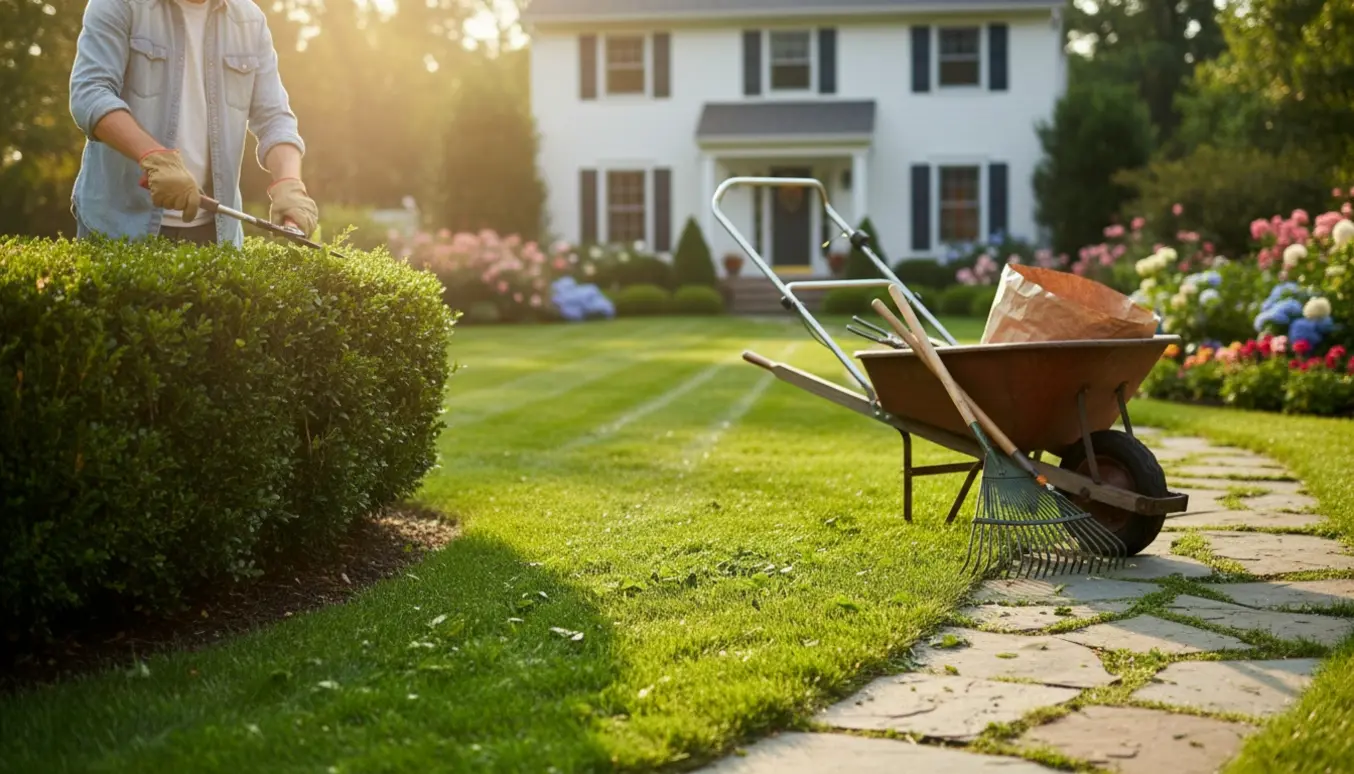 Håndværker slår græs og trimmer hæk i en velplejet have på en solrig sommerdag.