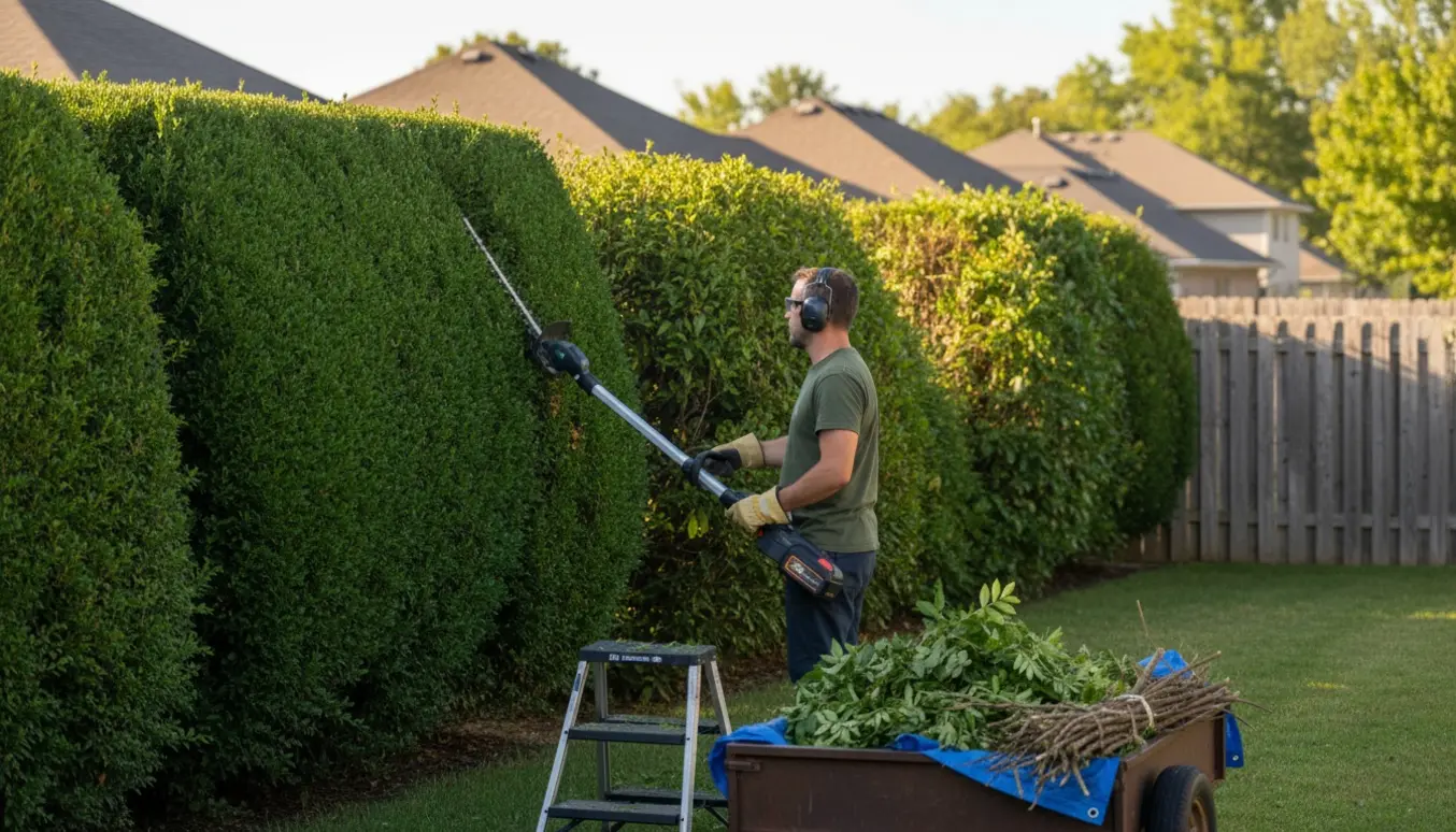 Person trimmer en høj hæk i villahaven fra indersiden, med afklip samlet i en trailer.