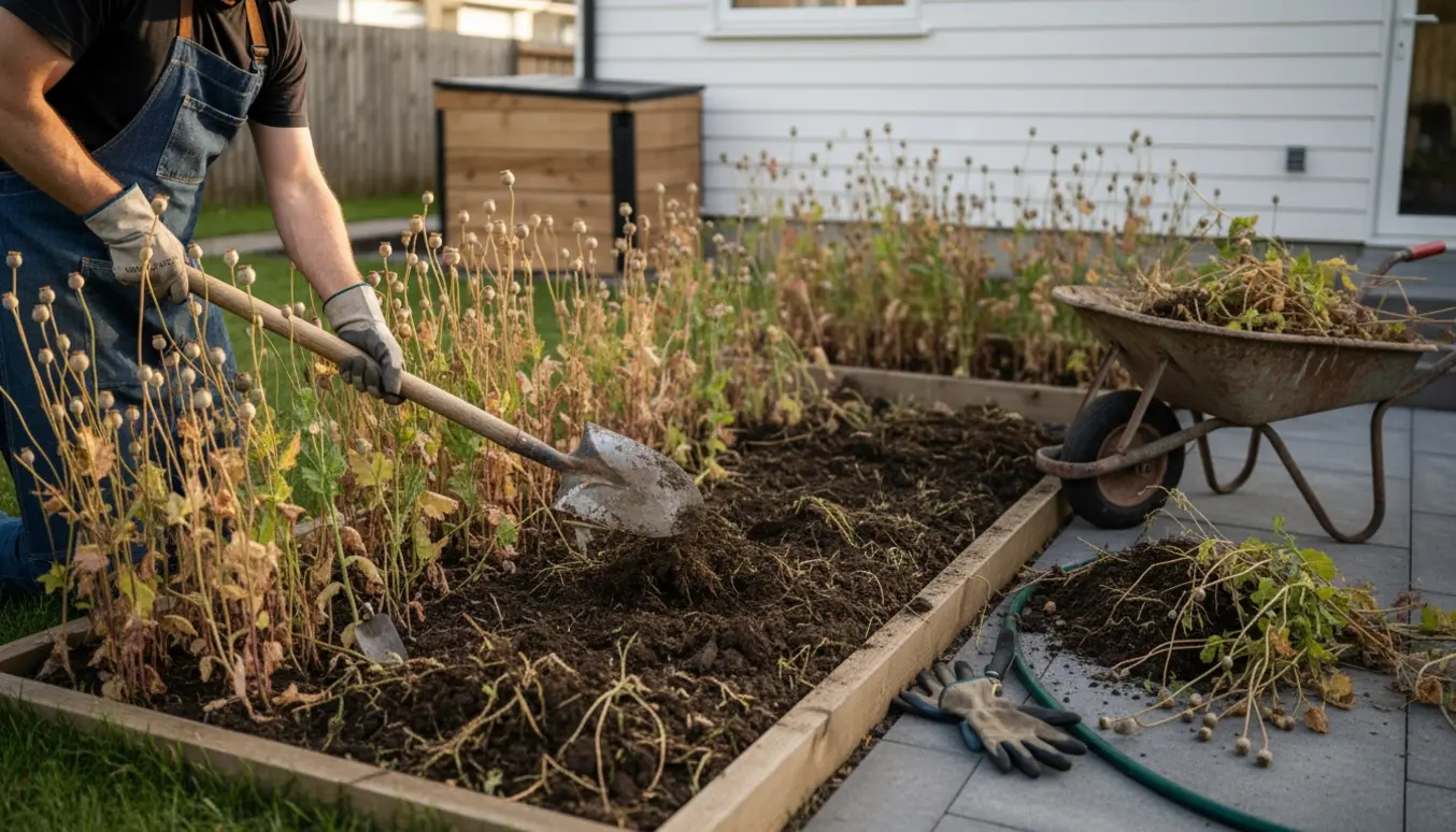 En havehjælper set bagfra graver to nyanlagte bede tilgroet med valmuer og græs, med skovl og trillebør ved siden af.