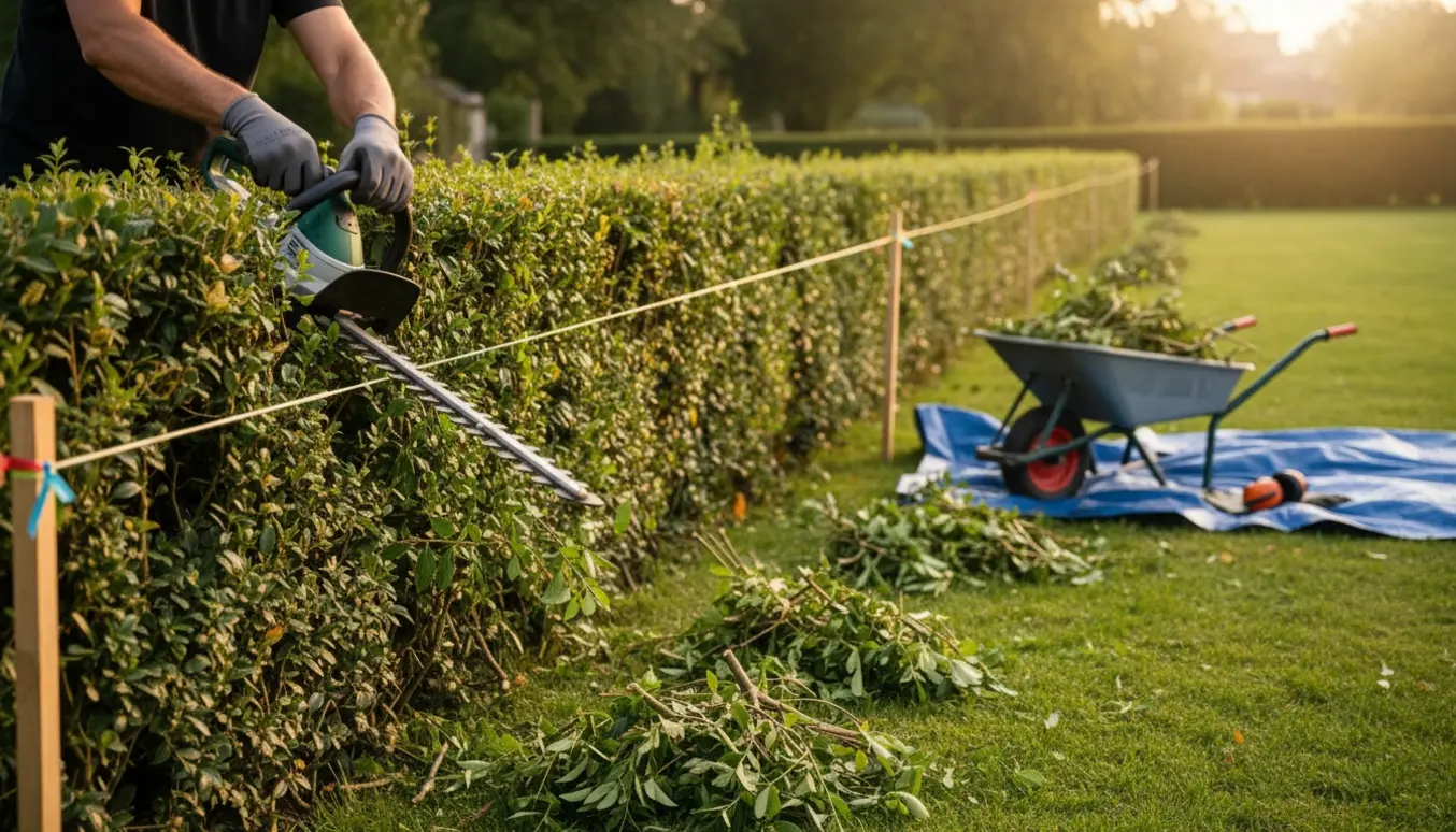 Lang hæk klippes ned til to meter med hækkeklipper, opmærket snor og bunker af afklip.