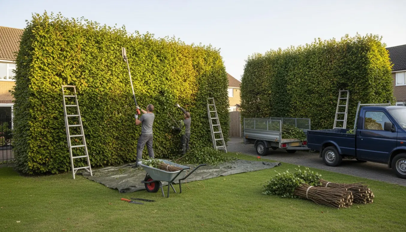 En håndværker klipper en cirka 4 meter høj bøgehæk mellem to haver, mens afklip lægges i en trailer.