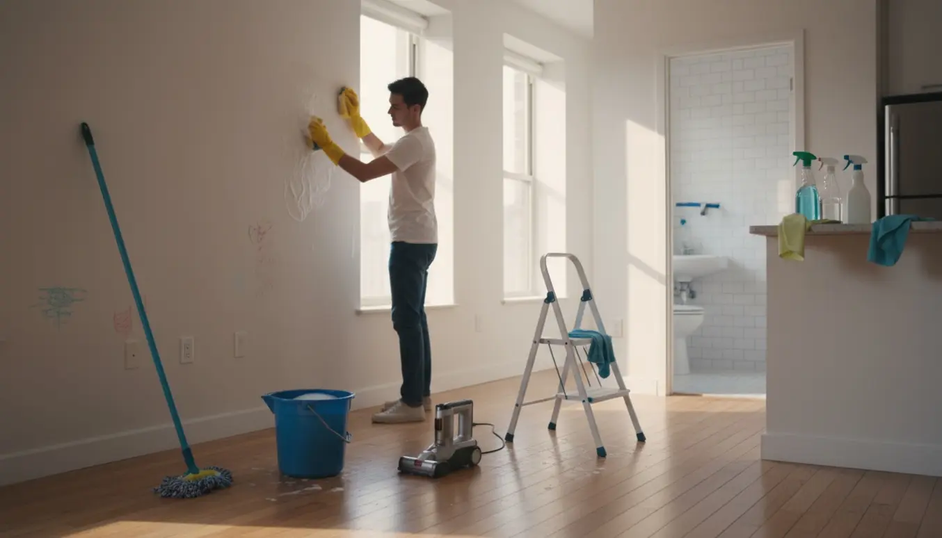Tom lejlighed i morgenlys med rengøringsudstyr og hænder, der skrubber væg med kridtstreger.