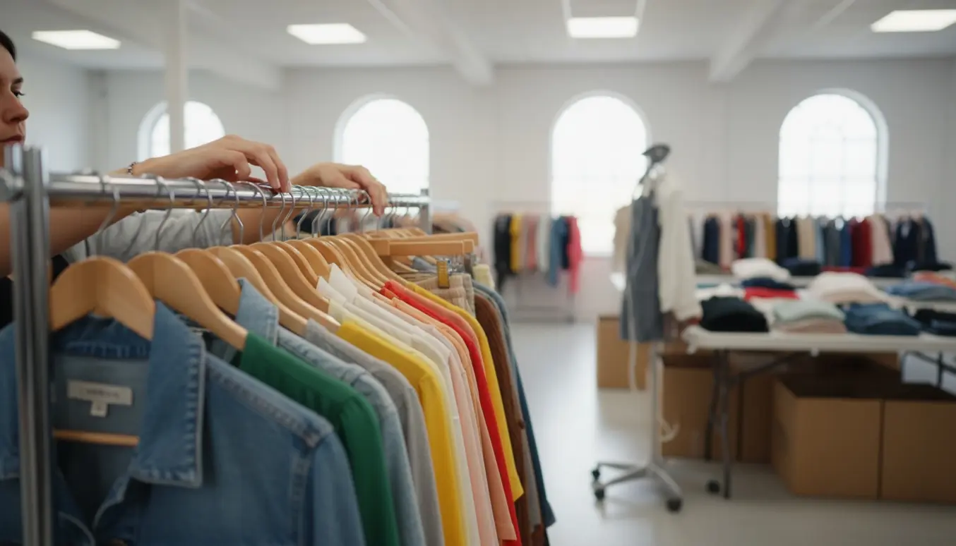 Hænder hænger forskellige beklædningsgenstande på bøjler på en metalskinne i et lyst lager.