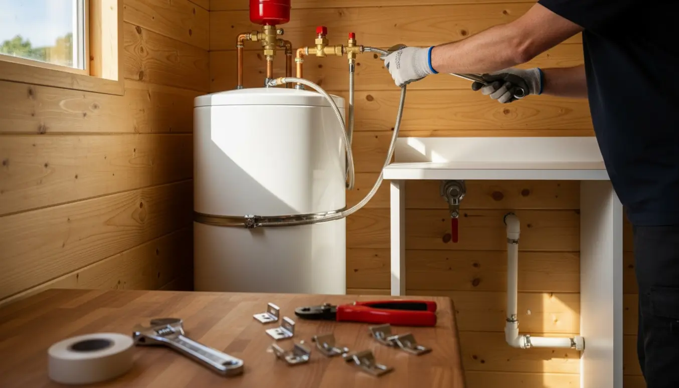 Varmtvandsbeholder installeret i et skur med rørforbindelser til opvaskemaskine og forberedt udendørsbruser.