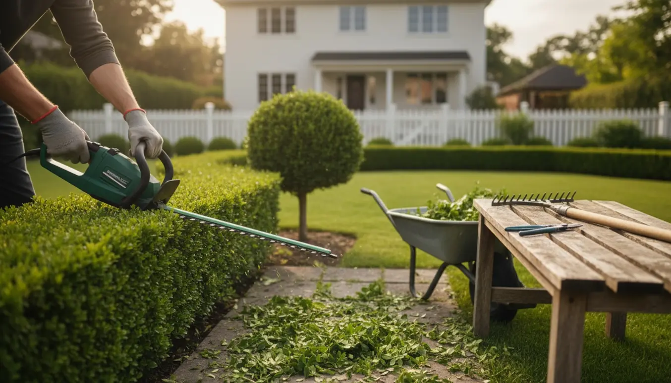 Hækkeklipning i have med handsker, hækkeklipper og nyklippede grene.