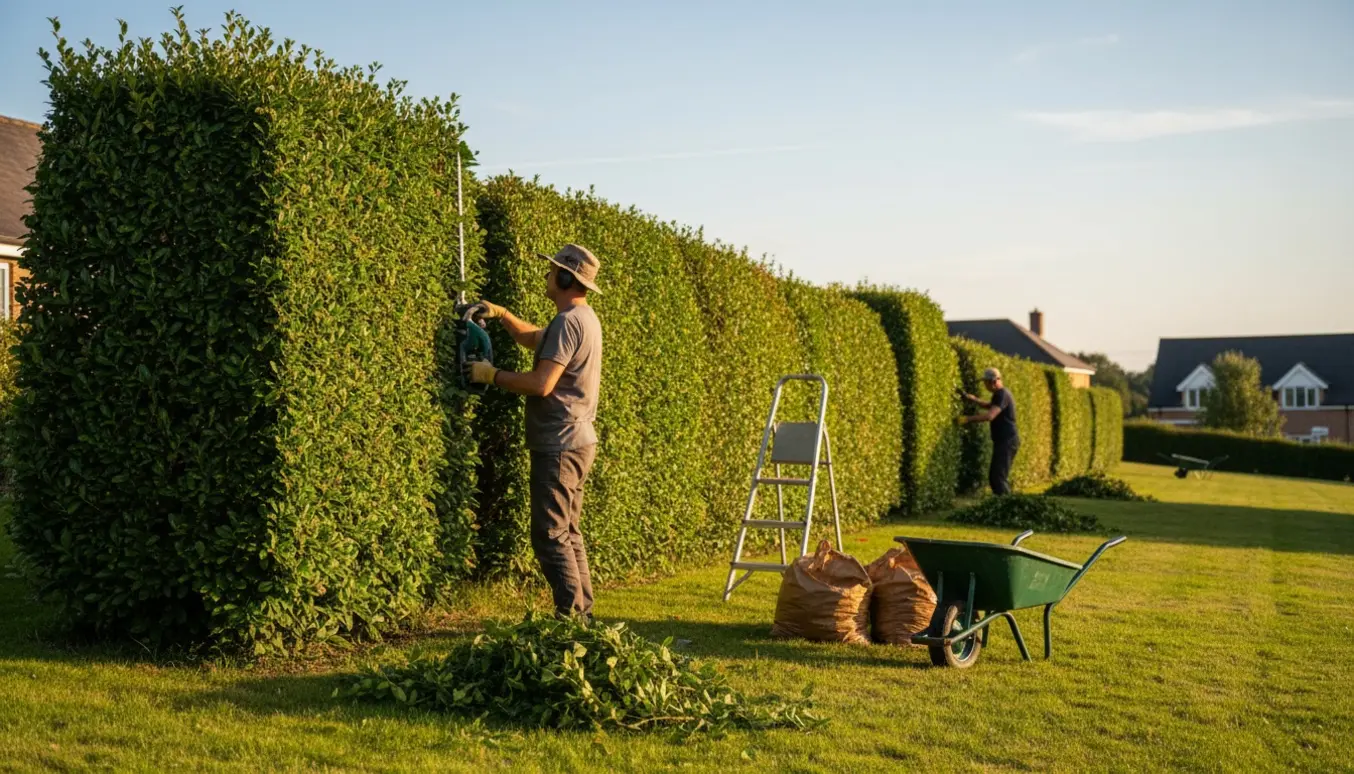 Person fra ryggen trimmer en lang hæk med en batteridrevet hækkeklipper, med afklip i bunker og en trillebør ved siden af.