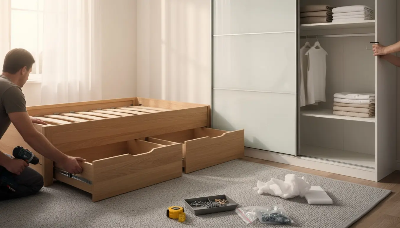 Delvis samlet seng med opbevaringsskuffer og et skab med skydedør, omgivet af værktøj og hænder i et solbelyst værelse.