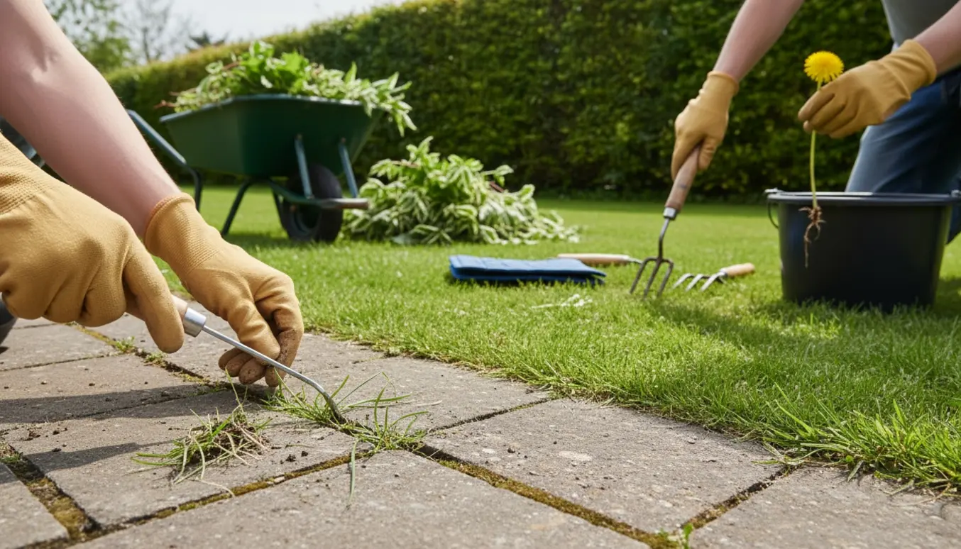 Nærbillede af handsker, der fjerner ukrudt mellem fliser, med mælkebøtter på græs og klumper af skvalderkål ved hæk.