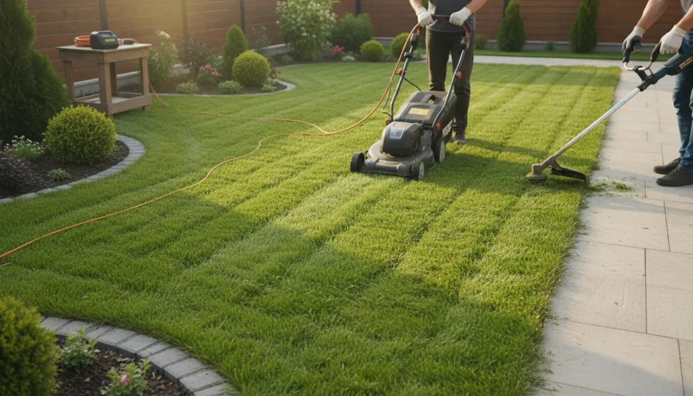 En person slår græsset med en ledningsdrevet plæneklipper og ordner kanterne ved indkørslen med en batteritrimmer.