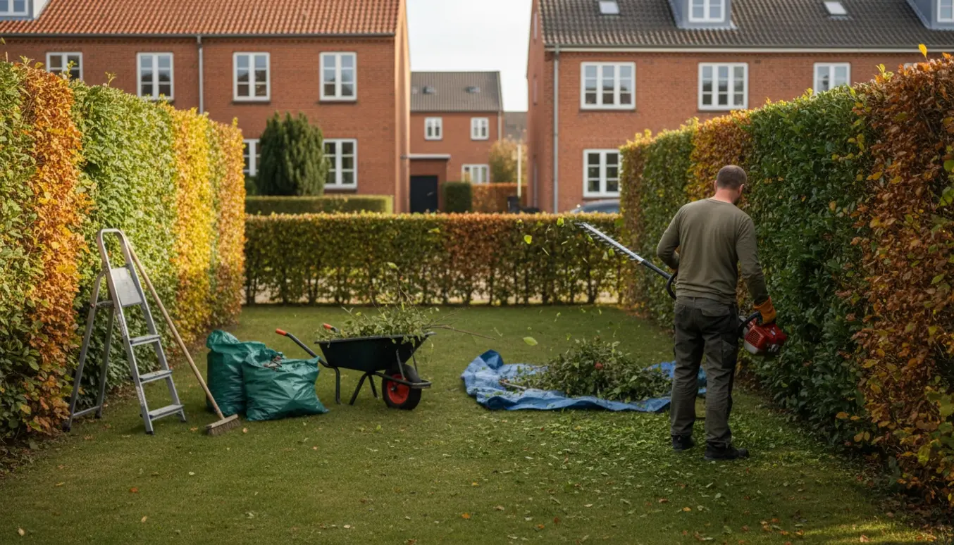 Nærbillede af hækkeklipning på en boliggrund med redskaber og opsamlede afklip klar til bortkørsel.