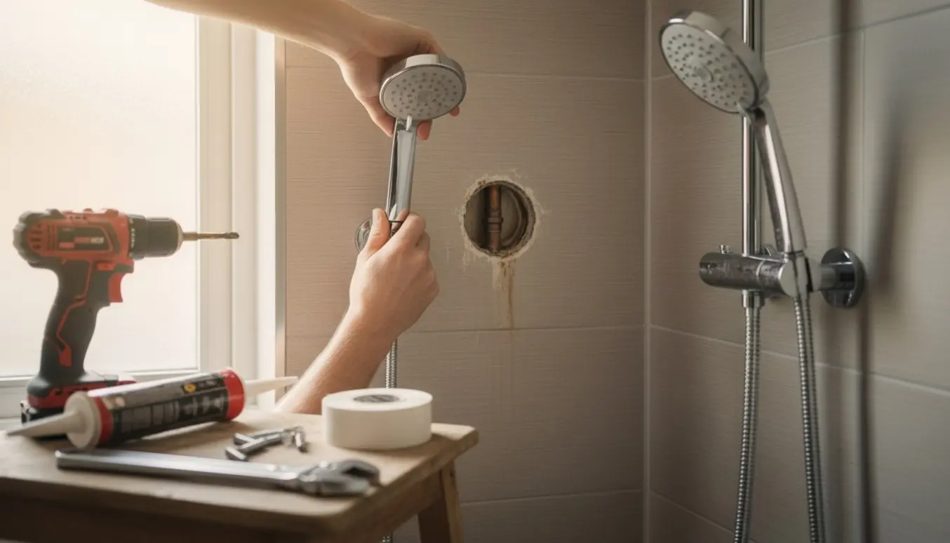Hænder monterer en ny krom regnbruser og håndbruser i et flisebadeværelse med værktøj i forgrunden.