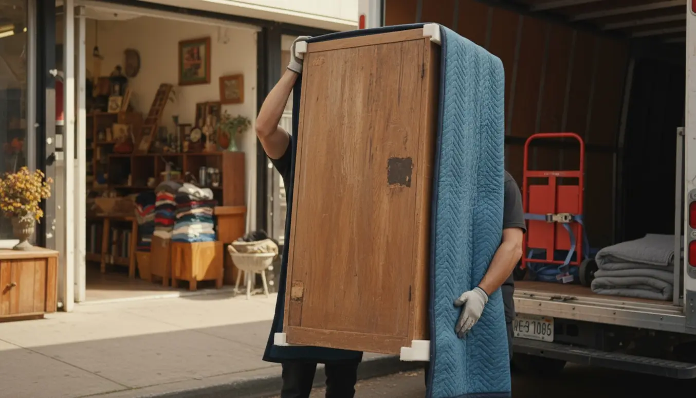 To personer bærer et højt træskab fra en genbrugsbutik ind i en varevogn.