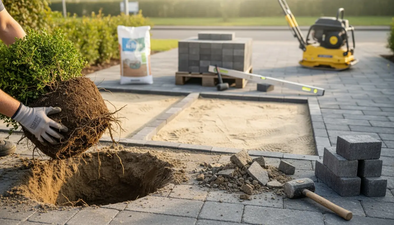 Renoveret indkørsel med fjernet busk, opgravet jord, kantsten stablet og nye fliser klar til lægning.