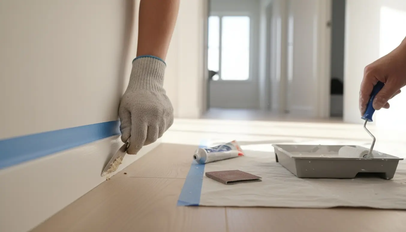 Hænder spartler skruehuller og maler en fodliste i en lys gang.