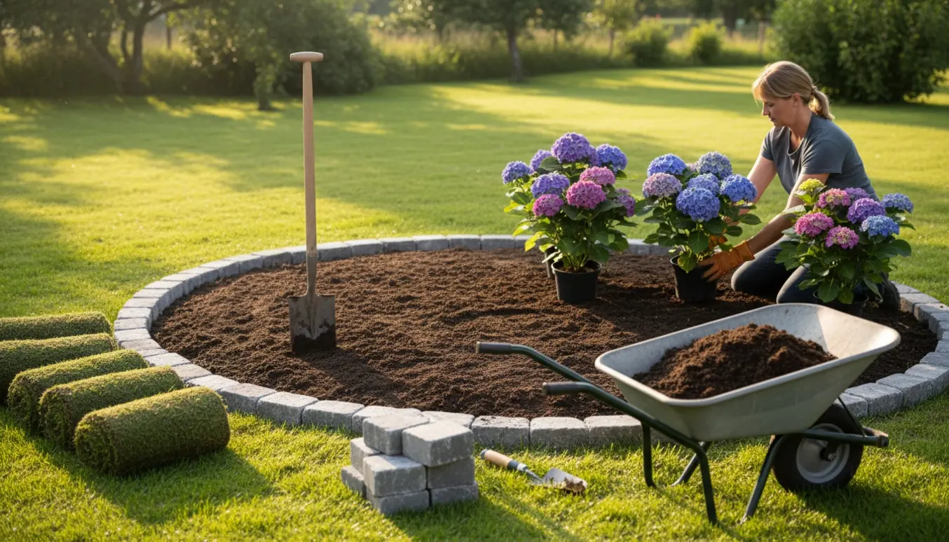 Nyplantning af fire hortensia i et nyanlagt bed kantet med herregårdssten på en solrig plæne.