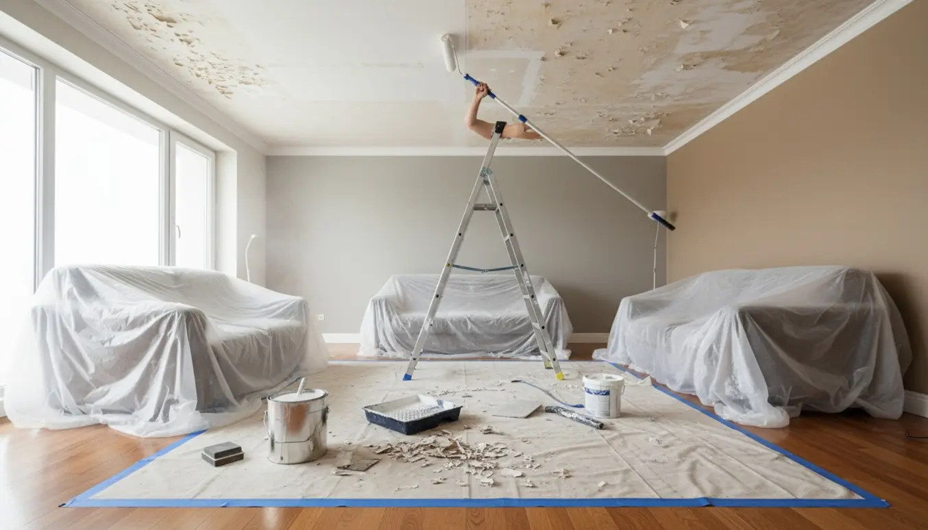 Stort stueloft (ca. 50 m²) under forberedelse og maling med stige, rulle og afdækkede møbler.