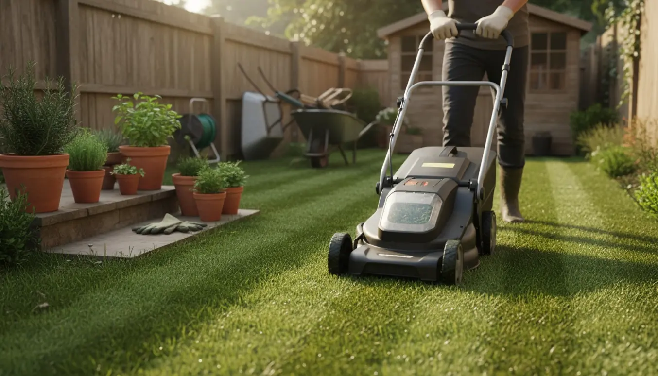 Lille smal baghave med en elektrisk plæneklipper der skaber friske striber på nyslået græs.