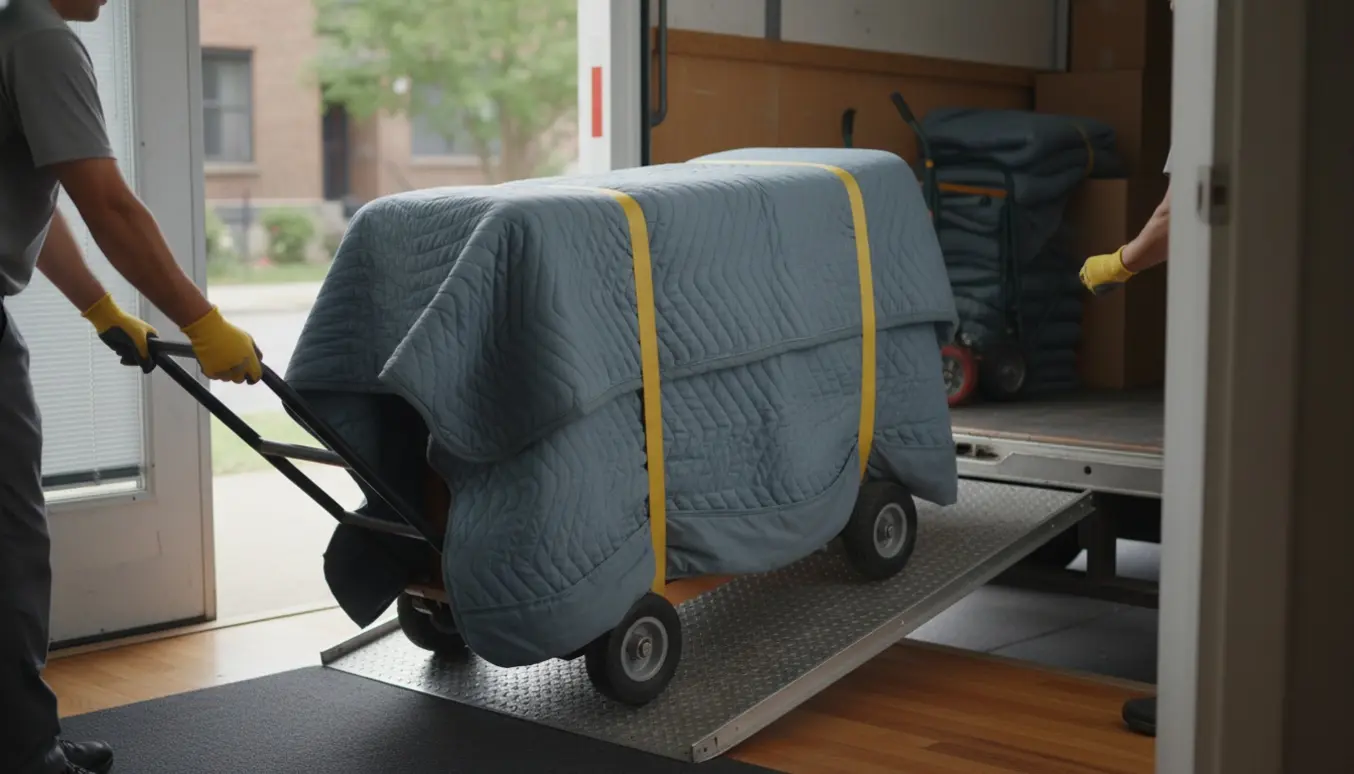 Et indpakket pianette bæres fra en flyttevogn ind i en stueetagelejlighed.