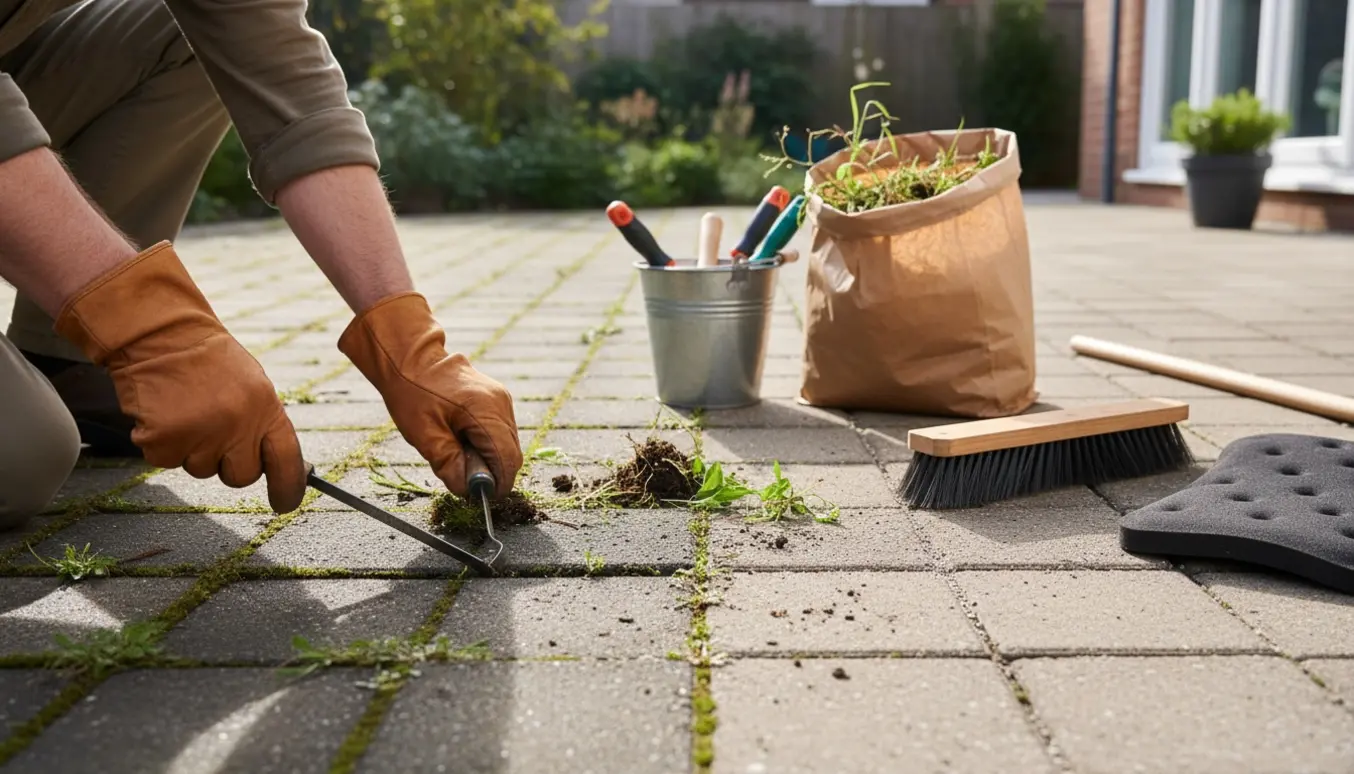 Handsker og haveredskaber fjerner ukrudt mellem belægningssten på en soloplyst baggård.