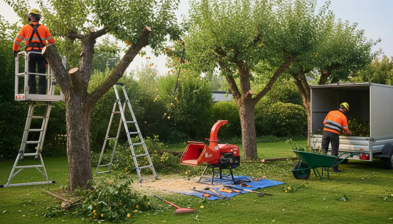 Professionelle beskærer høje mirabelletræer i en have, mens klippede grene samles til bortkørsel.