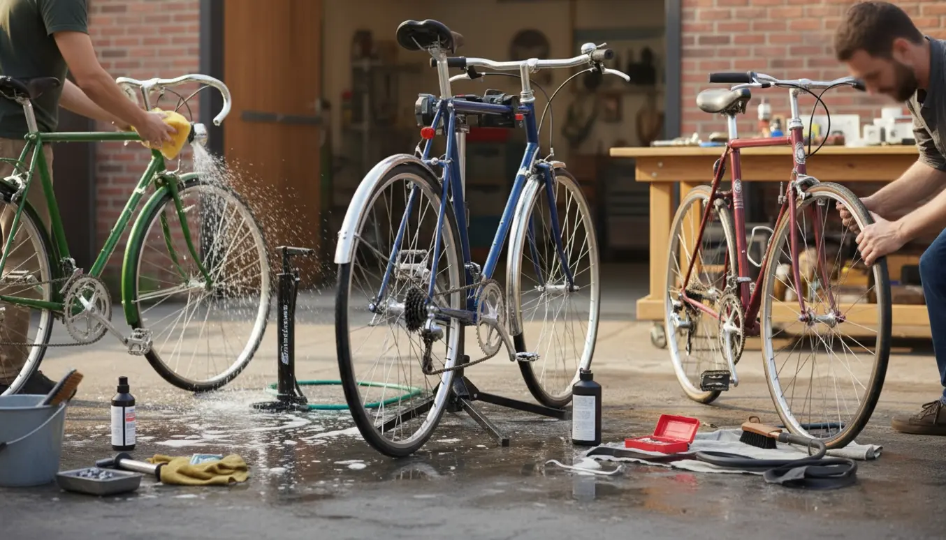 Tre almindelige cykler til service og vask: en på værkstedsstativ med indvendig gear, en i vask og en med afmonteret forhjul under lapning.