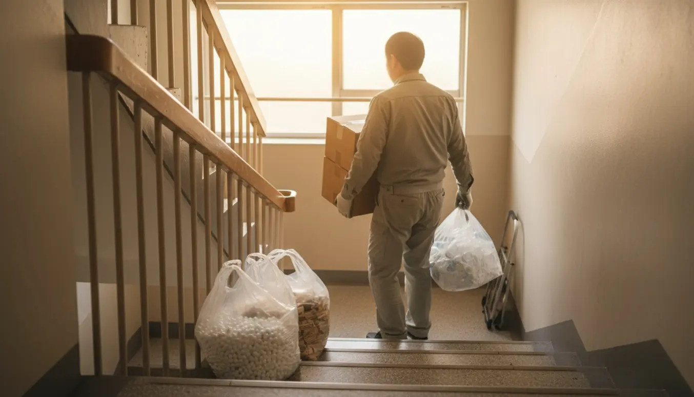 En person bærer papkasser og poser med plastik og flamingo ned ad en opgangstrappe uden elevator.