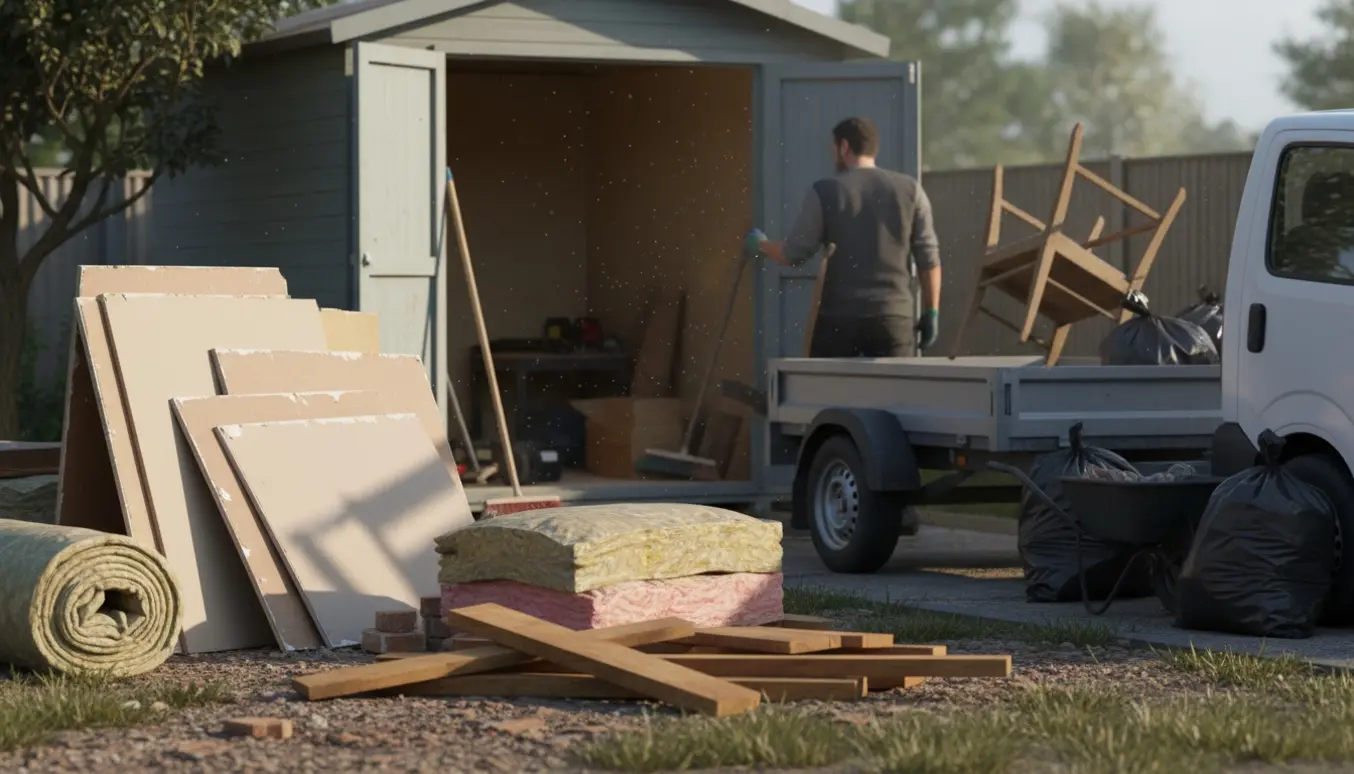 Oprydning af skur med bunker af træ, gipsplader og isolering klart til bortkørsel.