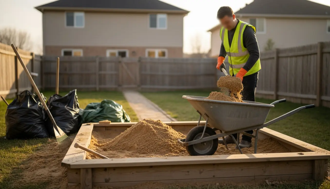 Delvist demonteret sandkasse bag huset med sand, trillebør og værktøj klar til fjernelse.